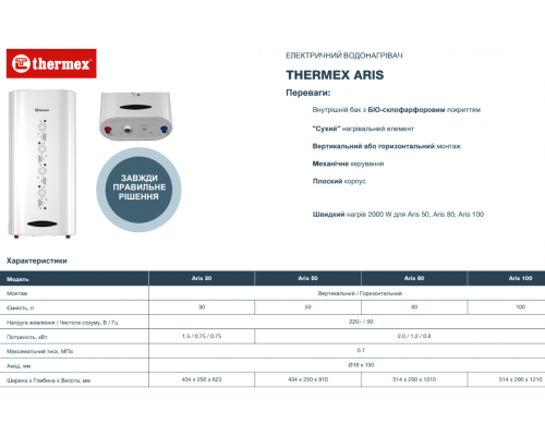 Бойлер THERMEX Aris 100 V сухий тен