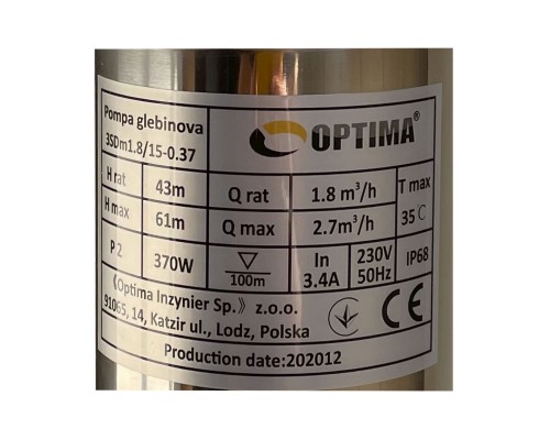 Насос скважинный  с пов,уст, к песку 3″  OPTIMA  3SDm1,8/15 0,37 кВт 61м + пульт+кабель 35м NEW