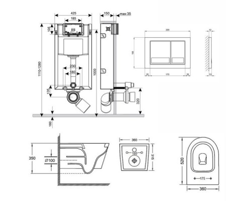 Інсталяція Qtap Nest QT0133M425 + унітаз підвісний Jay QT07335176W + квадратна клавіша Хром