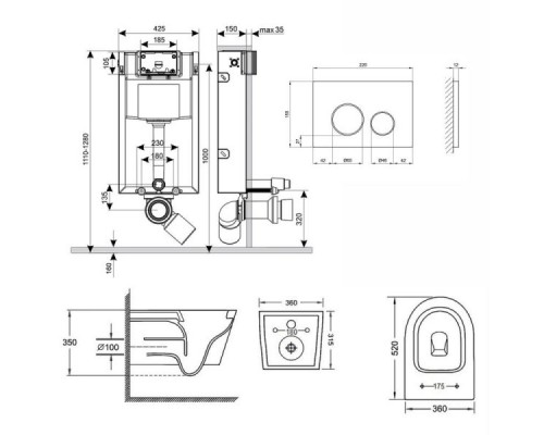 Інсталяція Qtap Nest QT0133M425 + унітаз підвісний Jay QT07335176W + кругла клавіша Satin