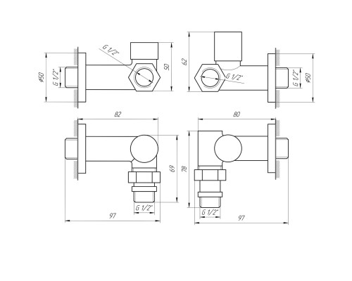 Кран вентильний кутовий з американкою SOLOMON LUX 1/2” CHROM 7777 TEN (2шт.)