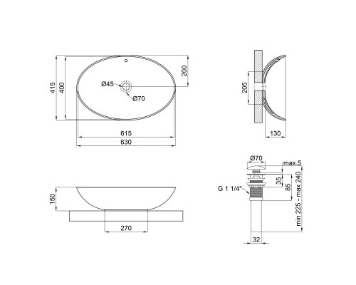 Раковина накладная Qtap Dove овальная с донным клапаном 625x415x150mm WHITE