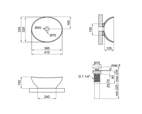 Раковина накладна Qtap Dove овальна без донного клапана 410x335x145mm Matt Black