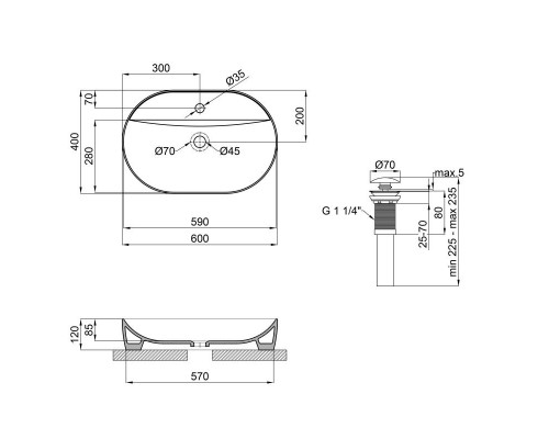 Раковина накладна Qtap Scorpio овальна з донним клапаном 610x400x120mm MATT BLACK