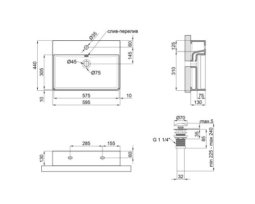 Раковина підвісна Qtap Nando LT підвісна пряма. з донним клапаном 600*420*120mm WHITE