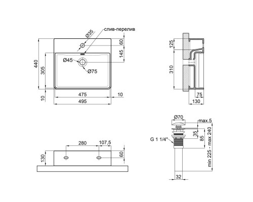 Раковина підвісна Qtap Nando LT підвісна пряма. з донним клапаном 500*420*120mm WHITE