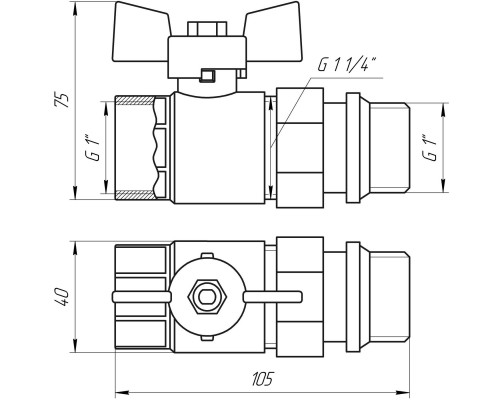 Кран шаровый прямой с американкой Q PROFESSIONAL PN40 1″ антипротечка, Белая бабочка